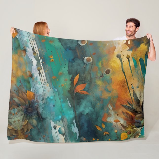 Autumn harvest paint Teal Rust Gold Abstract Fleece Blanket (In Situ)