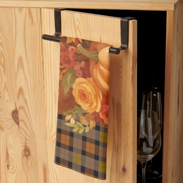 Autumn Harvest Plaid and Cornucopia  Tea Towel (Thirds Fold)