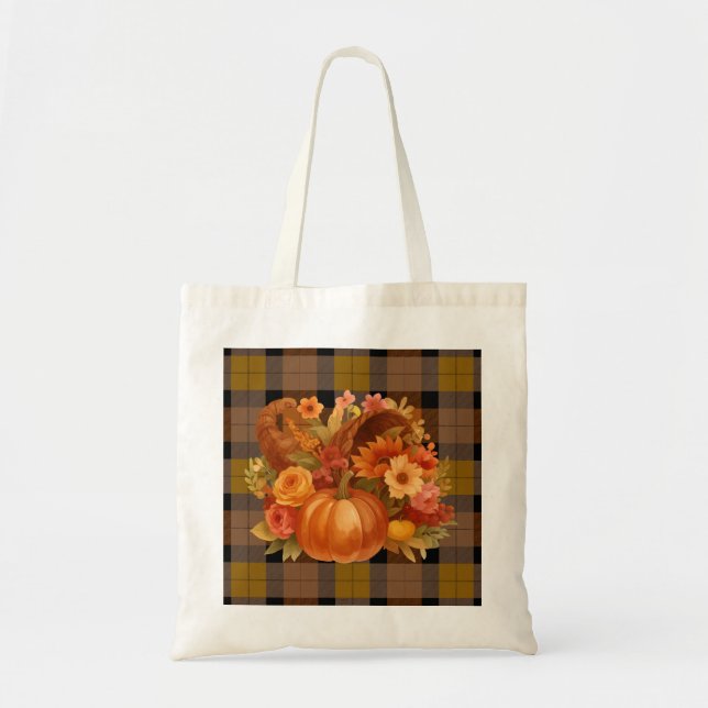 Autumn Harvest Plaid And Cornucopia  Tote Bag (Front)
