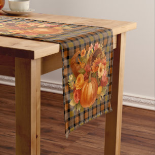 Autumn Harvest Plaid With Cornucopia  Short Table Runner