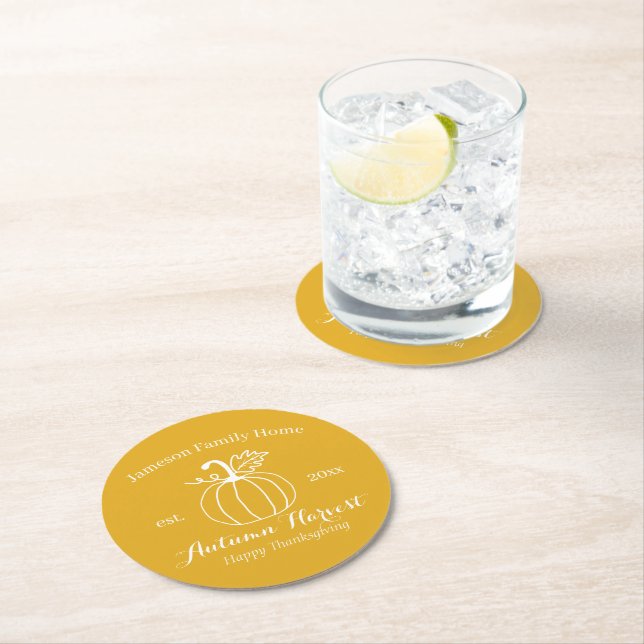 Autumn Harvest Pumpkin Family Thanksgiving Party Round Paper Coaster (Insitu)