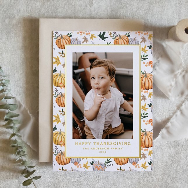 Autumn Harvest Pumpkin Pattern Thanksgiving Photo Foil Holiday Card (Gold Foil Thanksgiving Card with Pumpkins in Orange, Yellow & Grey | Custom Greeting Card)