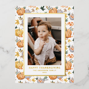 Autumn Harvest Pumpkin Pattern Thanksgiving Photo Foil Holiday Postcard