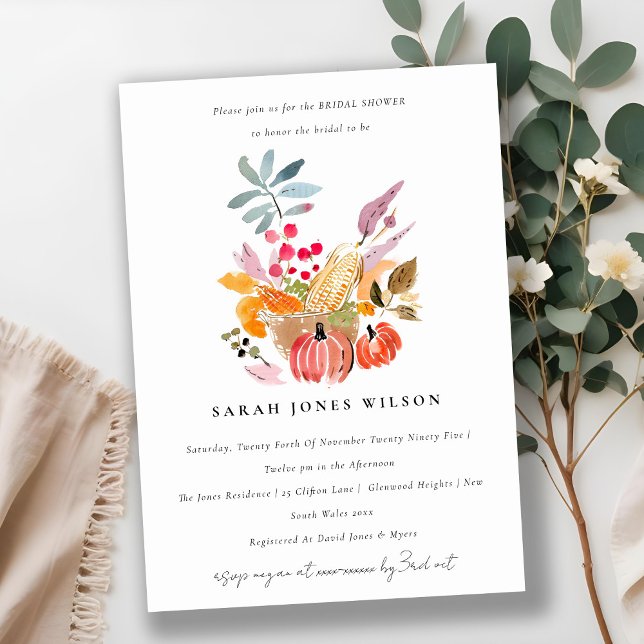 Autumn Harvest Pumpkin Watercolor Bridal Shower Invitation (Creator Uploaded)