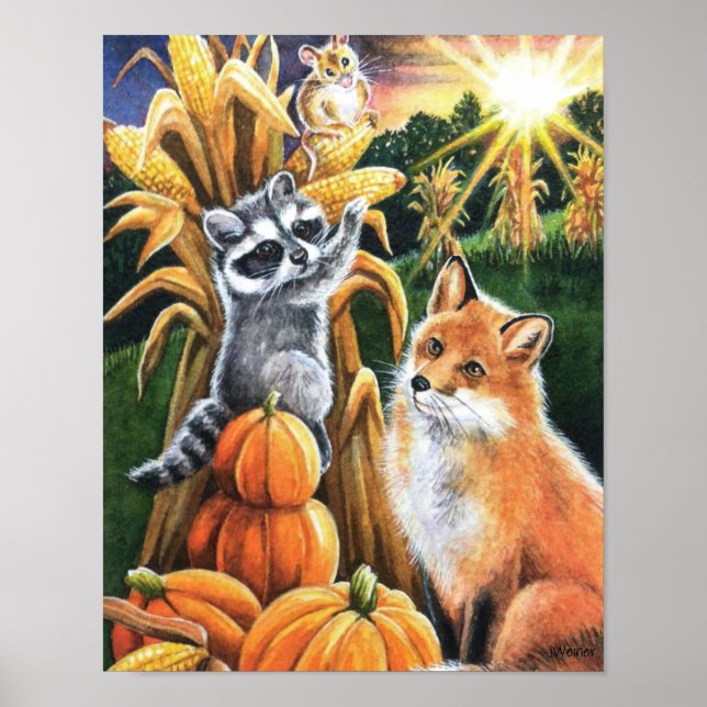 Autumn Harvest Red Fox Raccoon Watercolor 11x14 Poster (Front)