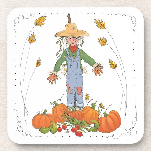 Autumn Harvest Scarecrow in Pumpkin Patch Coaster (Front)