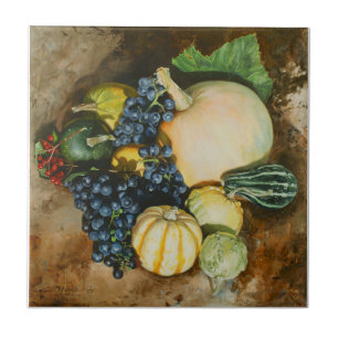Autumn Harvest Still Life with Pumpkins, Gourds Ceramic Tile