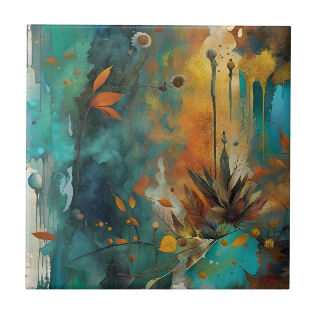 Autumn Harvest Teal Rust Gold Abstract Ceramic Tile (Front)
