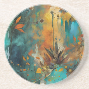 Autumn Harvest Teal Rust Gold Abstract Coaster