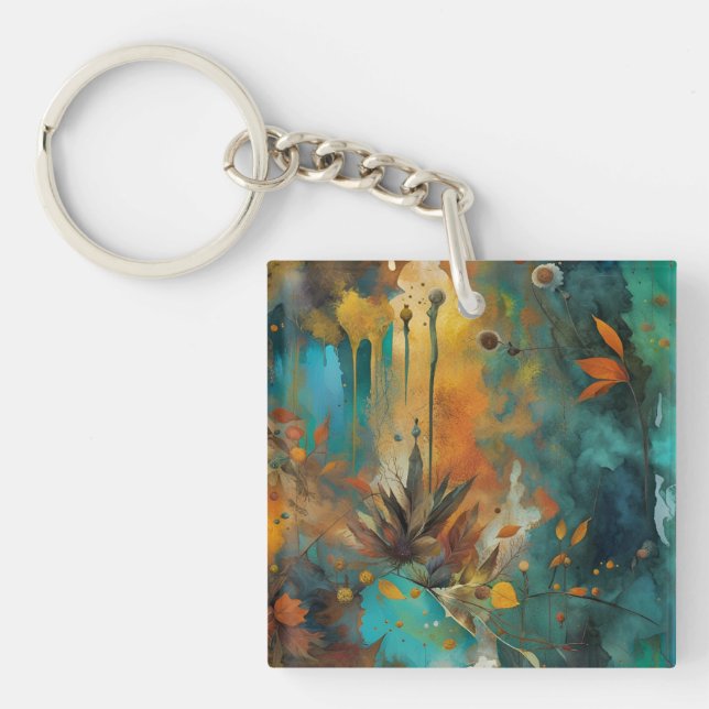 Autumn Harvest Teal Rust Gold Abstract Key Ring (Front)