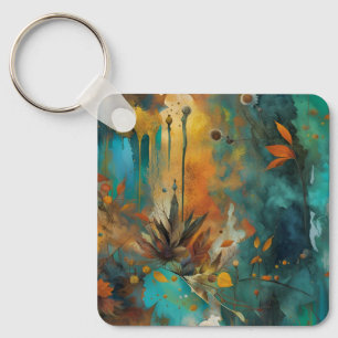 Autumn Harvest Teal Rust Gold Abstract Key Ring