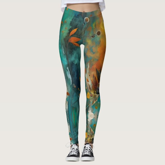 Autumn Harvest Teal Rust Gold Abstract Leggings (Front)