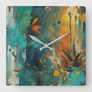 Autumn Harvest Teal Rust Gold Abstract Square Wall Clock