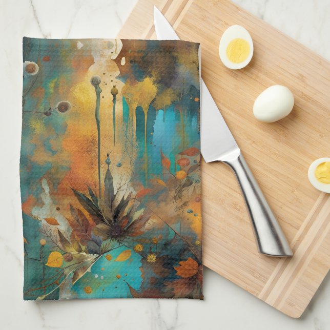 Autumn Harvest Teal Rust Gold Abstract Tea Towel (Quarter Fold)