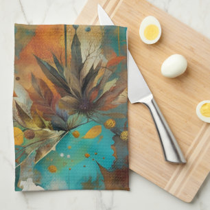 Autumn Harvest Teal Rust Gold Abstract Tea Towel