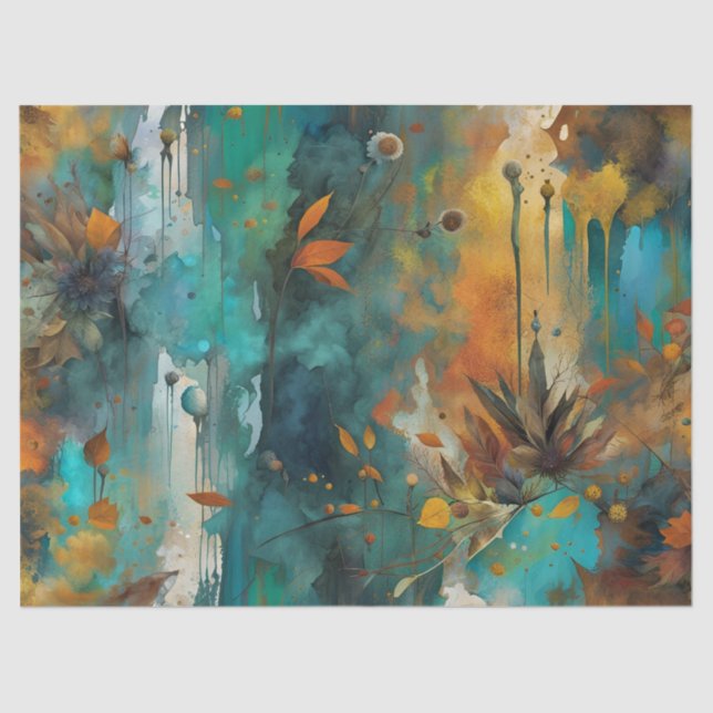 Autumn Harvest Teal Rust Gold Abstract Tissue Paper (Front)