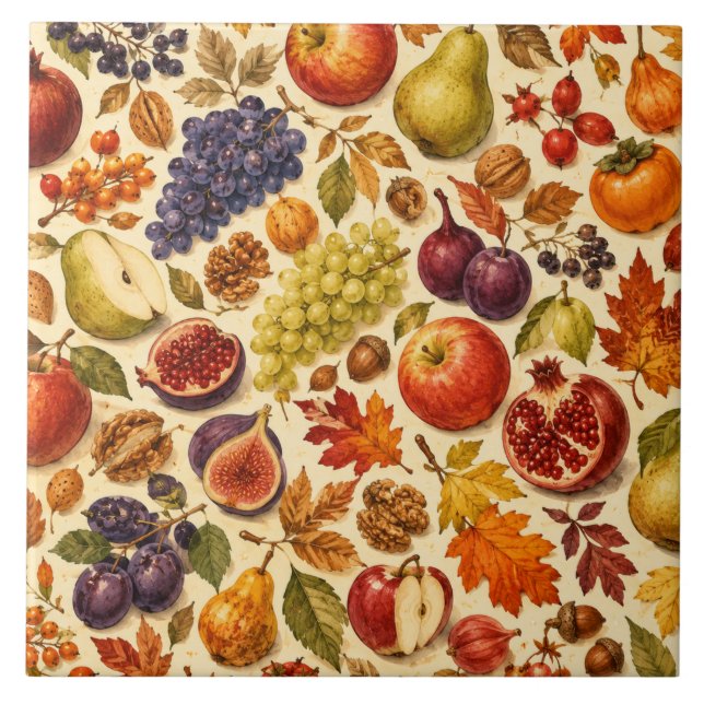 Autumn Harvest Watercolor Pattern  Ceramic Tile (Front)
