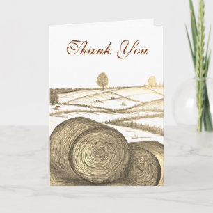 Autumn Hay Harvest Sketch with Fields in Distance Card