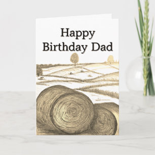 Autumn Hay Harvest Sketch with Fields in Distance Card