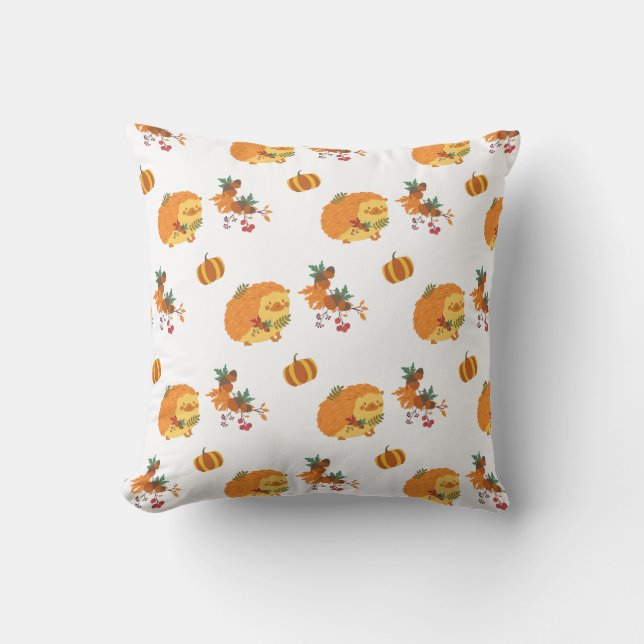 Autumn Hedgehog, Fall Leaves & Pumpkins White Cushion (Front)