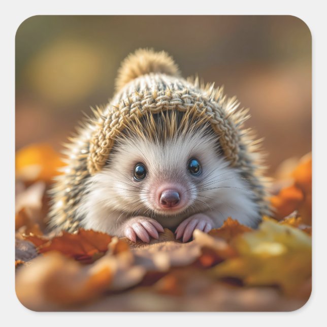 Autumn Hedgehog With Knitted Cap Square Sticker (Front)