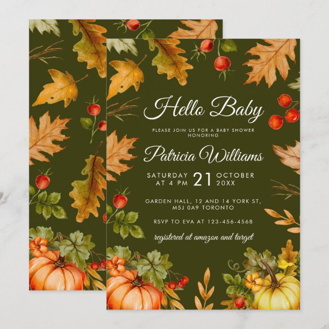 Autumn Hello Baby Pumpkin Foliage Baby Shower Invitation (Front/Back)