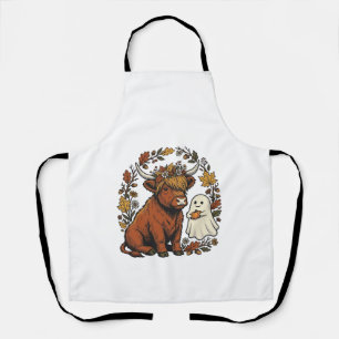 Autumn Highland Cow Ghost Vintage Engraving Shirt Apron