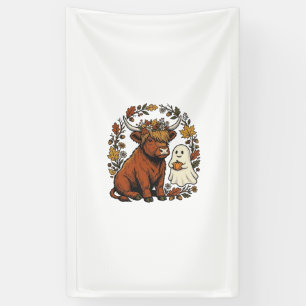 Autumn Highland Cow Ghost Vintage Engraving Shirt Banner