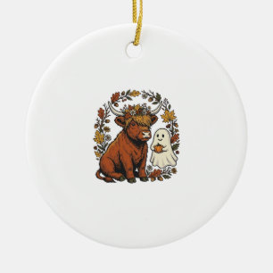 Autumn Highland Cow Ghost Vintage Engraving Shirt Ceramic Ornament