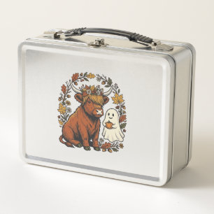Autumn Highland Cow Ghost Vintage Engraving Shirt  Metal Lunch Box