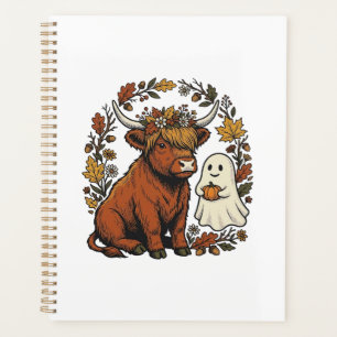 Autumn Highland Cow Ghost Vintage Engraving Shirt Planner