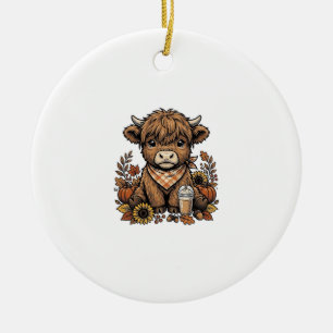 Autumn Highland Cow Vintage Fall Farmhouse Art Ceramic Ornament