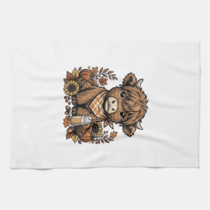 Autumn Highland Cow Vintage Fall Farmhouse Art Tea Towel