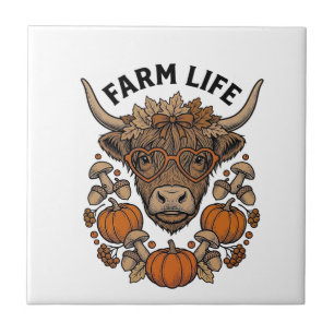 Autumn Highland Cow With Heart Glasses Ceramic Tile