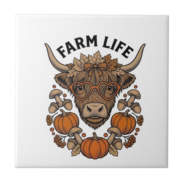Autumn Highland Cow With Heart Glasses Ceramic Tile (Front)