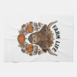 Autumn Highland Cow With Heart Glasses Tea Towel