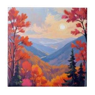 Autumn Hills Fall Leaves Foliage Watercolor Ceramic Tile
