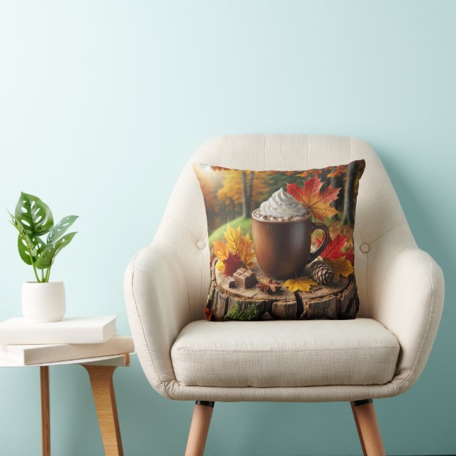Autumn Hot Chocolate On Tree Stump Cushion (Chair)
