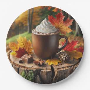 Autumn Hot Chocolate On Tree Stump Paper Plate