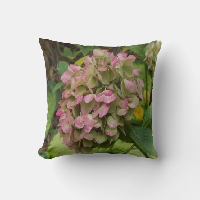 Autumn Hydrangea Bloom with Golden Hosta Leaves Cushion (Front)