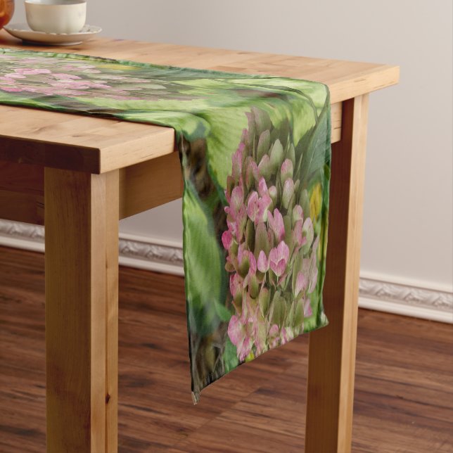Autumn Hydrangea Bloom with Golden Hosta Leaves Short Table Runner (In Situ)