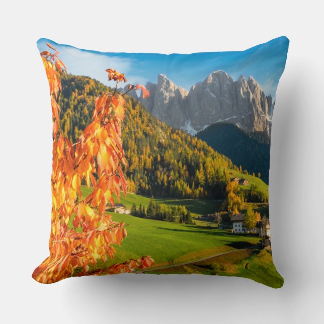 Autumn in a Dolomites landscape with church Cushion (Front)
