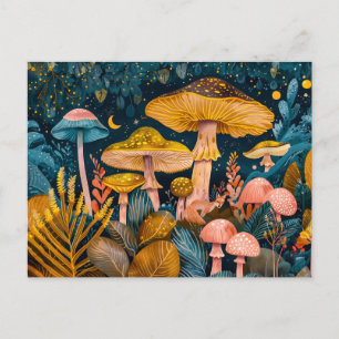Autumn in a Mushroom Forest Watercolor Postcard