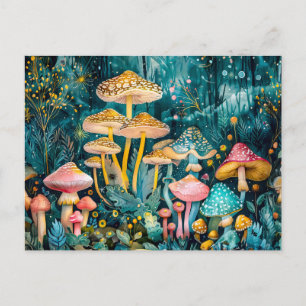 Autumn in a Mushroom Forest Watercolor Postcard