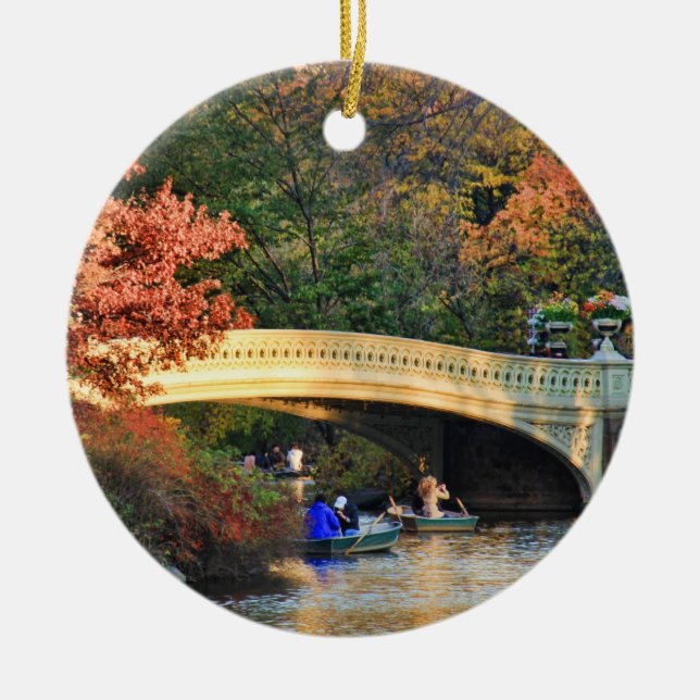 Autumn in Central Park: Boaters by Bow Bridge  #01 Ceramic Ornament (Front)