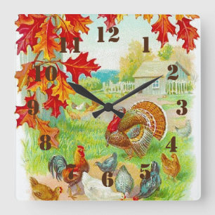 Autumn in the Farm Rustic Country Kitchen Square Wall Clock