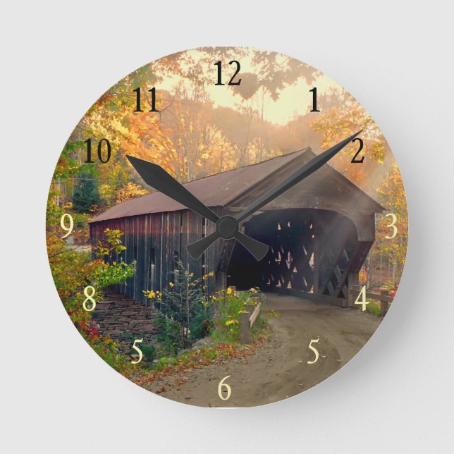 Autumn in Vermont Covered Bridge Wall Clock (Front)