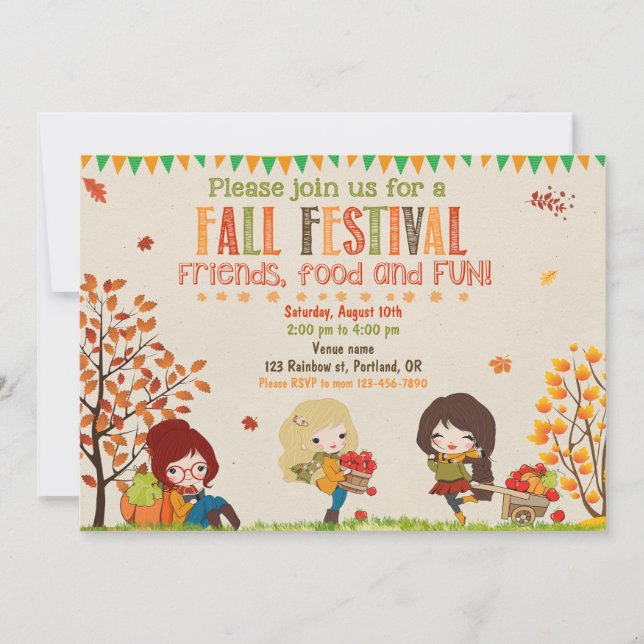 Autumn invitation Fall festival party invite girls (Front)