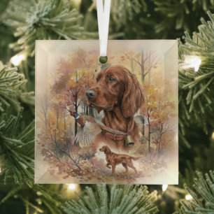 Autumn Irish Setter and Pheasant Hunting Art  Glass Tree Decoration