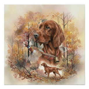 Autumn Irish Setter and Pheasant Hunting Art Poster